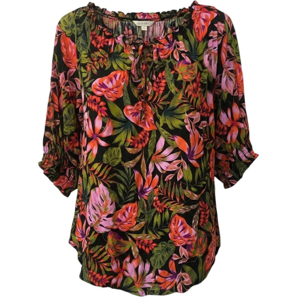 Time and Tru Tropical Smocked Sleeve Blouse Pink Orange plus size 3XL 24-26